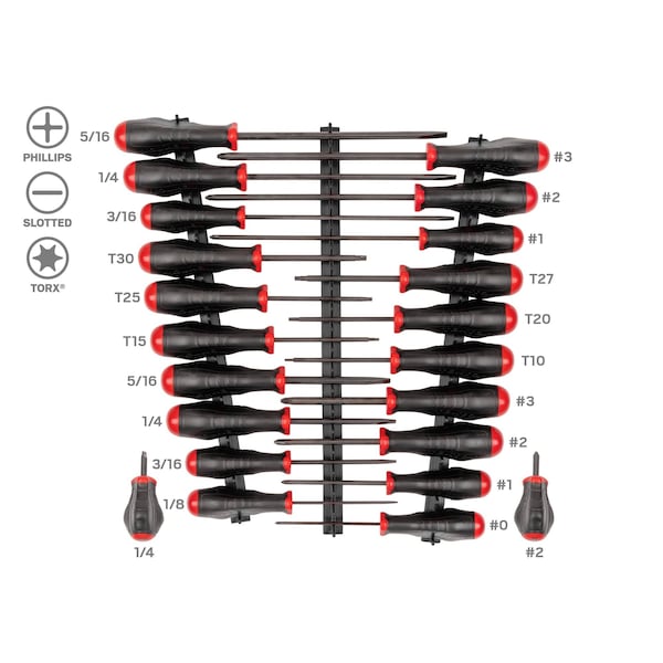 High-Torque Black Oxide Blade Screwdriver Set w/Black Rails, 22Pcs, No. 0-No. 3, 1/8-5/16 ", T10-30